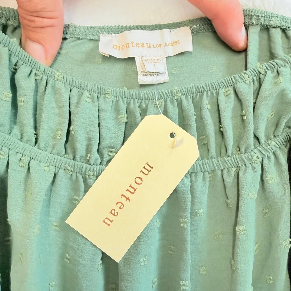 Monteau Los Angeles Jumpsuit Women's Large Sage Green Swiss Dot Wide‎ Leg Crop